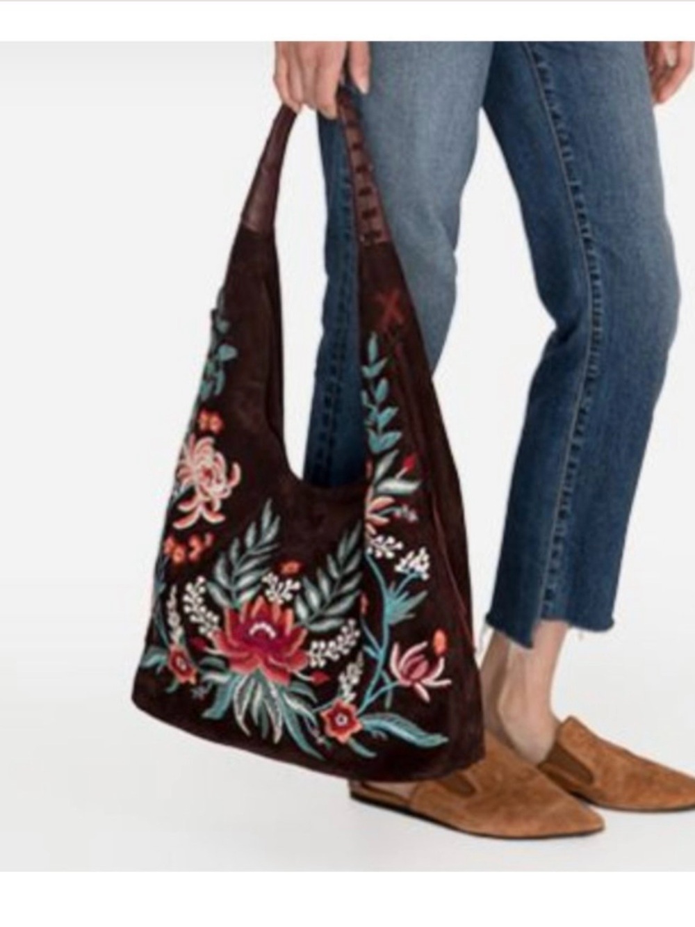 Johnny Was Embroidered Soft Hobo Bag Brown
